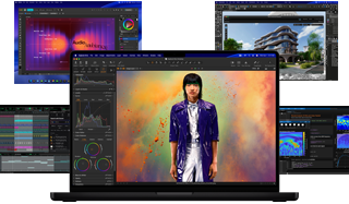 A variety of colorful screen content from music production, graphic design, 3D animation, and photo editing apps on Mac, demonstrating powerful graphics performance