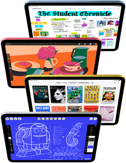 Front facing iPad screens show a variety of Apple apps and App Store apps