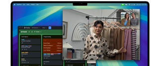 A video call on MacBook Pro using the Center Stage feature, with the Trello app open in the background