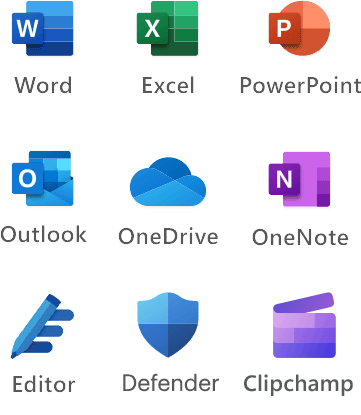 Word, Excel, Power Point, Outlook, One Drive, One Note, Editor, Family Safety mobile, Defender