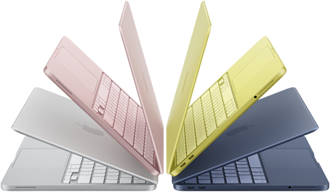 MacBook Neo laptops in silver, blush, citrus, and indigo colors, slightly open and arranged in an arch formation