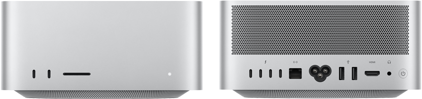 Mac Studio, front, two USB-C ports, SDXC card slot, status indicator light, tapered base at bottom, flat top, rounded sides, straight edges, silver color, Mac Studio, back, perforated aluminum exhaust, four Thunderbolt 5 ports, one Ethernet, one power socket, two USB-A, one HDMI, one headphone jack, and power button