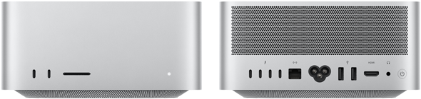Mac Studio, front, two USB-C ports, SDXC card slot, status indicator light, tapered base at bottom, flat top, rounded sides, straight edges, silver color, Mac Studio, back, perforated aluminum exhaust, four Thunderbolt 5 ports, one Ethernet, one power socket, two USB-A, one HDMI, one headphone jack, and power button