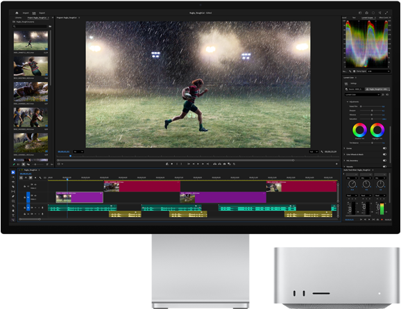 Studio Display XDR with built in stand, Mac Studio fits neatly under screen, video editing and color grading tools workflow on screen