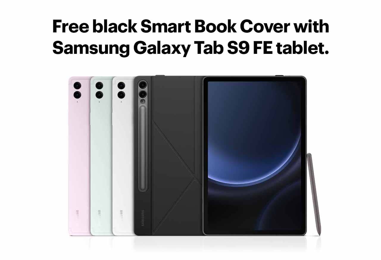 Free black Smart Book Cover with Samsung Galaxy Tab S9 FE tablet.