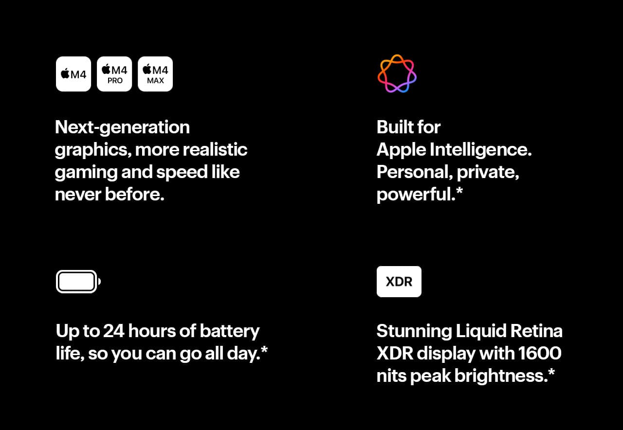 MacBook Pro. A work of smart. Hello, Apple Intelligence. Starting at $799 with qualifying trade-in. Plus and Total members save up to $150. Reference disclaimer.