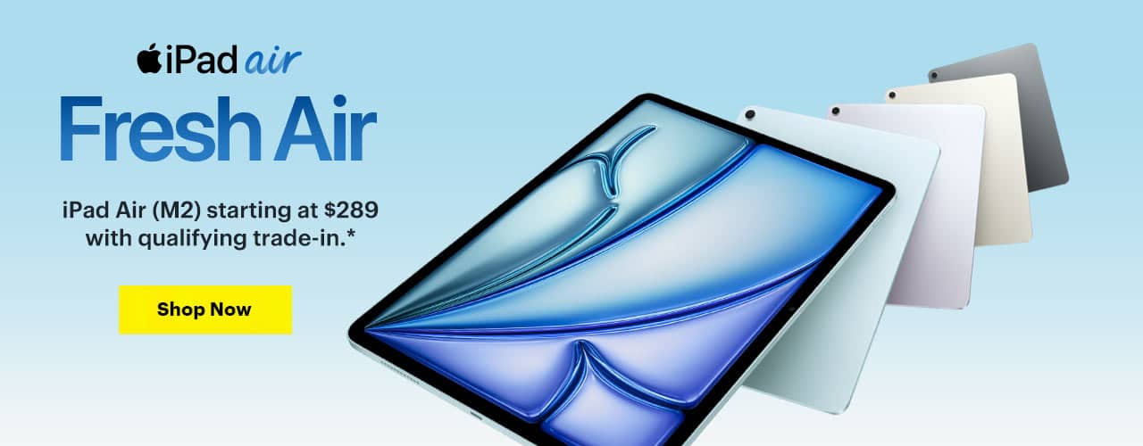 iPad Air, fresh air, iPad Air M2 starting at $289 with qualifying trade-in, reference disclaimer