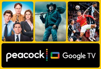 Peacock and Google TV logo with two TVs shows and a soccer match
