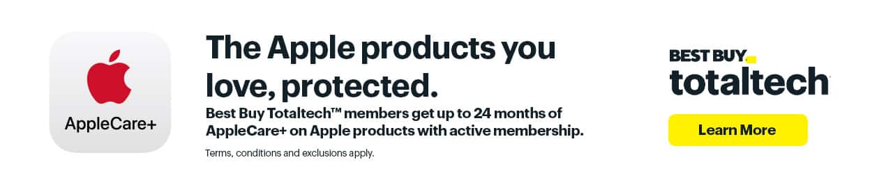 The Apple products you love, protected. Best Buy Totaltech™ members get up to 24 months of AppleCare+ on Apple products with active membership. Applecare+. Best Buy TotalTech. Terms, conditions and exclusions apply.. Learn More