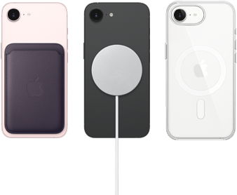 iPhone 17e in soft pink color with FineWoven Wallet in midnight purple color, iPhone 17e in black color and MagSafe Charger, iPhone 17e in white color with Clear Case with MagSafe