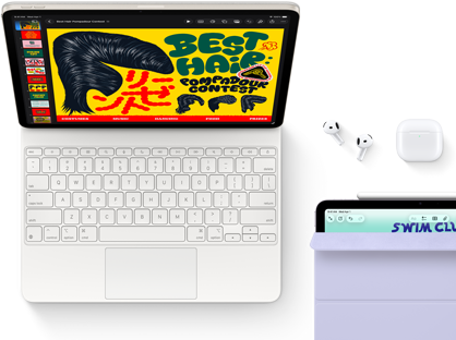 iPad Air, Starlight color, colorful graphics on screen, attached to Magic Keyboard, Airpods Pro and Apple Pencil Pro accessories