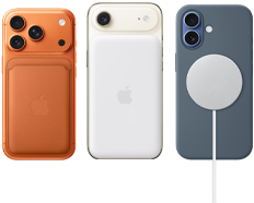 iPhone 17 Pro, back exterior, Cosmic Orange color, with FineWoven Wallet with MagSafe in Fox Orange color; iPhone Air, back exterior, Light Gold color, with Magsafe Battery; iPhone 17, back exterior, Mist Blue color, with Silicone Case in Anchor Blue color and MagSafe Charger