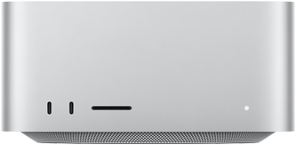 Mac Studio, front, two USB-C ports, SDXC card slot, status indicator light, tapered base at bottom, flat top, rounded sides, straight edges, silver color