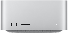 Mac Studio, front, two USB-C ports, SDXC card slot, status indicator light, tapered base at bottom, flat top, rounded sides, straight edges, silver color