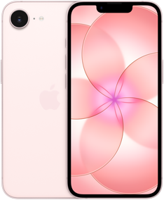 Side by side, iPhone 17e, back exterior, soft pink color, Fusion camera system at top left, iPhone 17e, front exterior, all-screen design