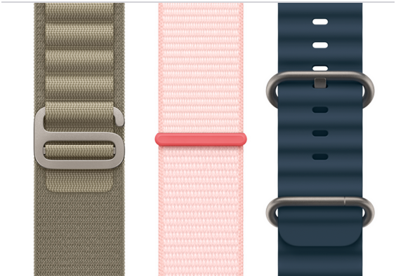 Olive Alpine Loop, Light Pink Sport Loop, and Blue Ocean Band