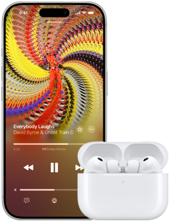 AirPods Pro 3 in MagSafe Charging Case, iPhone 17 Pro, Apple Music plays Everybody Laughs by David Byrne and Ghost Train Orchestra