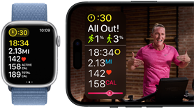 An Apple Watch tracking an Apple Fitness+ workout next to an iPhone showing metrics and video for the same Apple Fitness+ workout