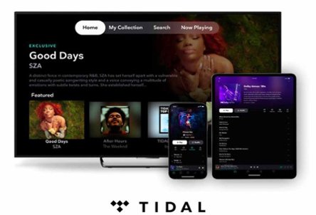 TIDAL. Screens displaying TIDAL app.