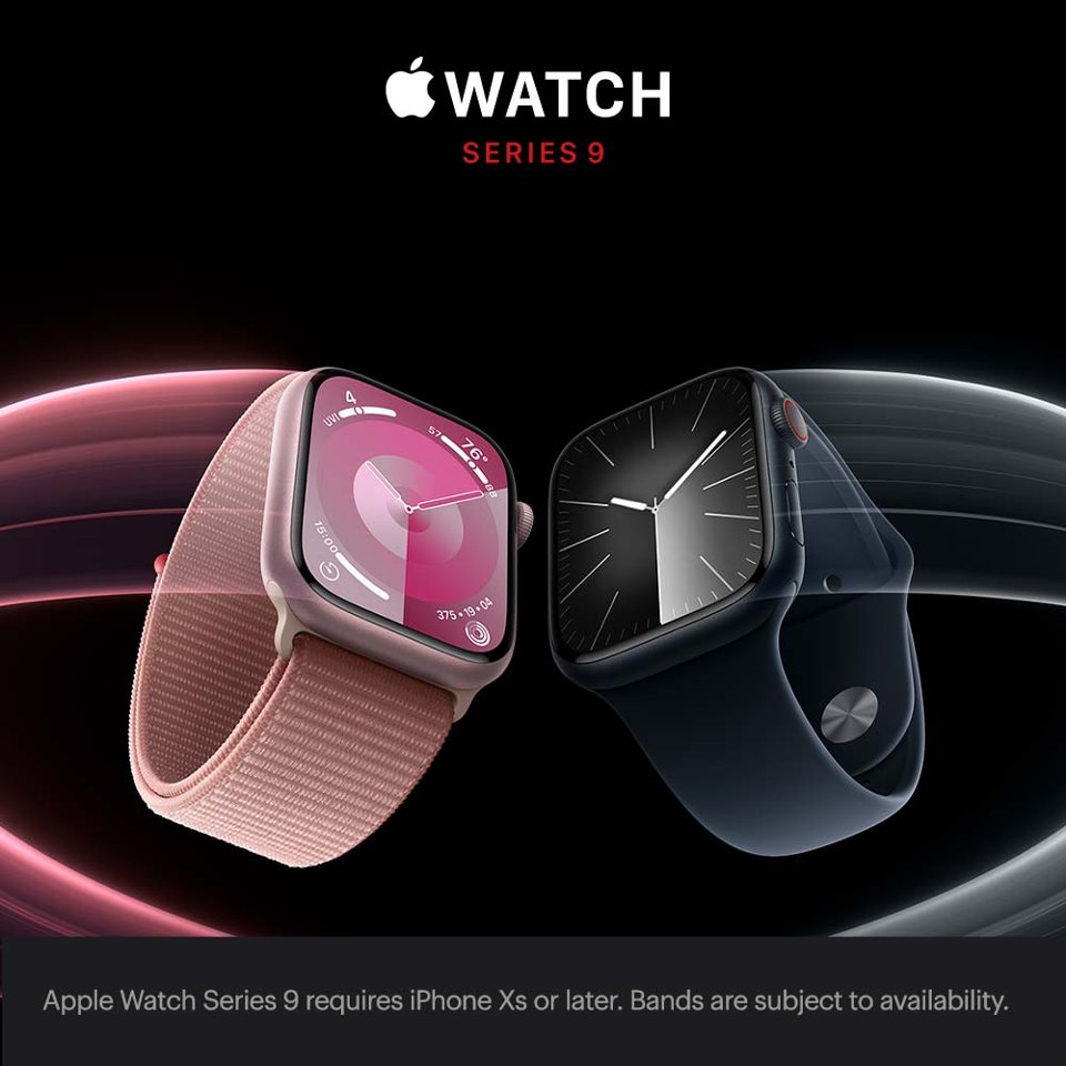 Apple Watch Series 9 smartwatches. Apple Watch Series 9 requires iPhone XS or later. Bands are subject to availability.