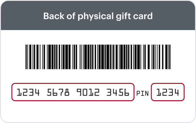 Back side of physical gift card showing number placement