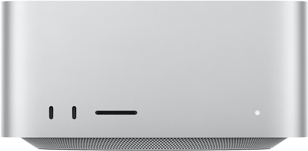 Mac Studio, front, two USB-C ports, SDXC card slot, status indicator light, tapered base at bottom, flat top, rounded sides, straight edges, silver color