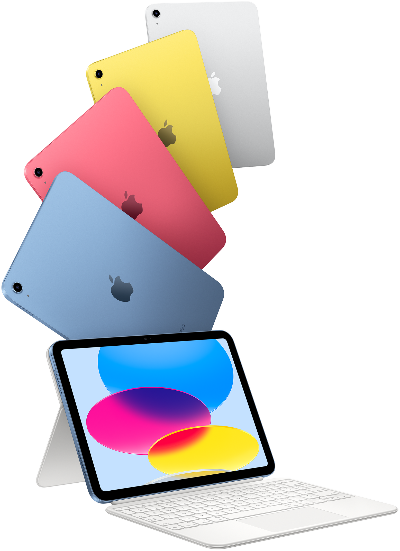Ipad بألوان الأزرق والوردي والأصفر والفضي وجهاز Ipad واحد متصل ب Magic Keyboard Folio.