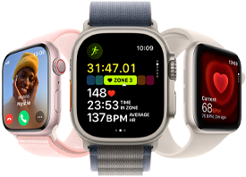 Apple Watch Series 9 facing slightly left, Apple Watch Ultra 2 facing forwards, and Apple Watch SE facing slightly right