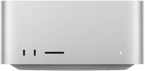 Mac Studio, front, two USB-C ports, SDXC card slot, status indicator light, tapered base at bottom, flat top, rounded sides, straight edges, silver color