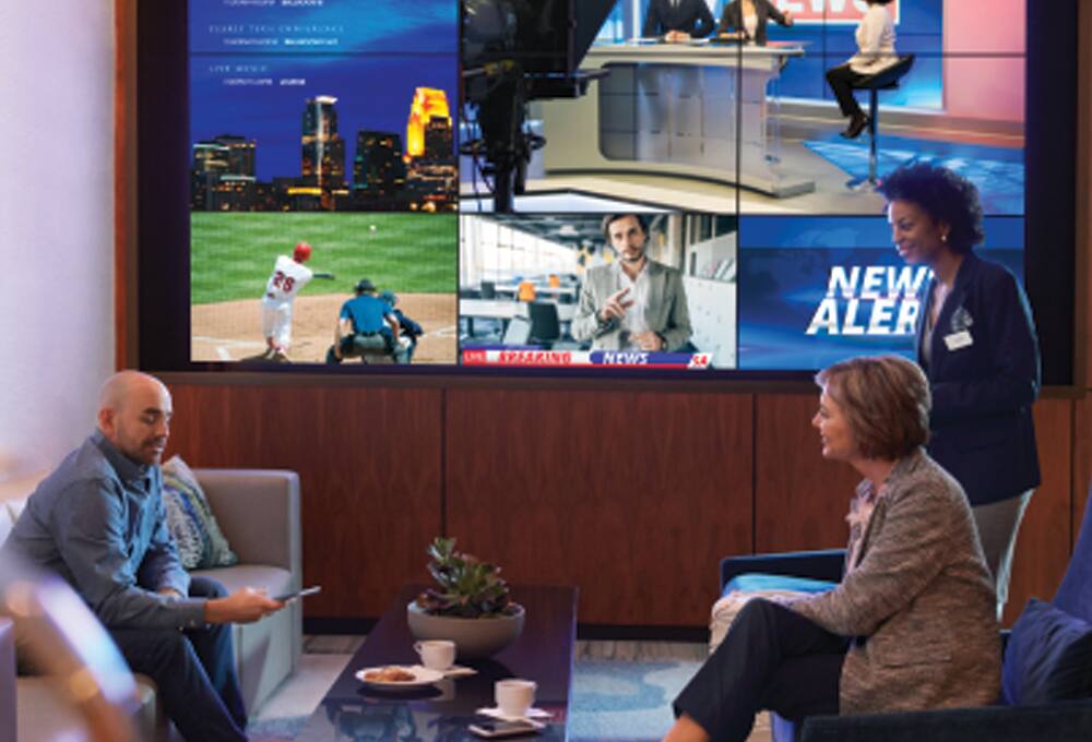 Hotel area with large screens