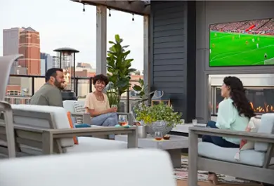 Hotel outdoor patio and hospitality TV