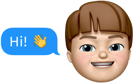 A memoji of a child next to a text message that says "Hi!" followed by a hand waving emoji