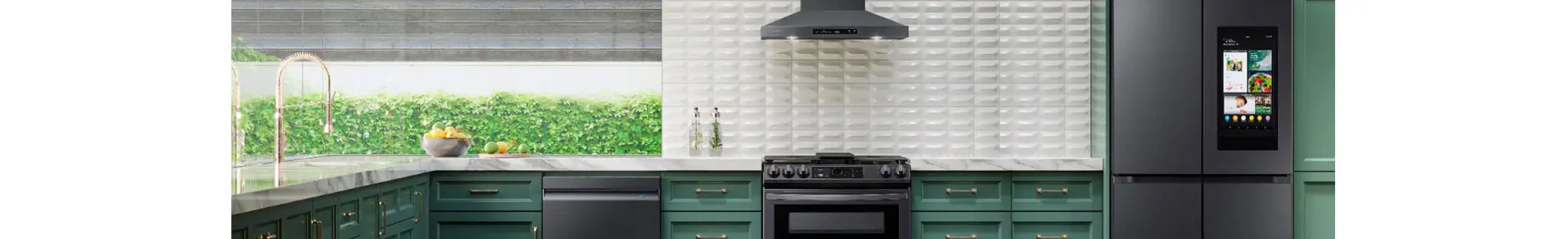 Gray appliances in green and white kitchen