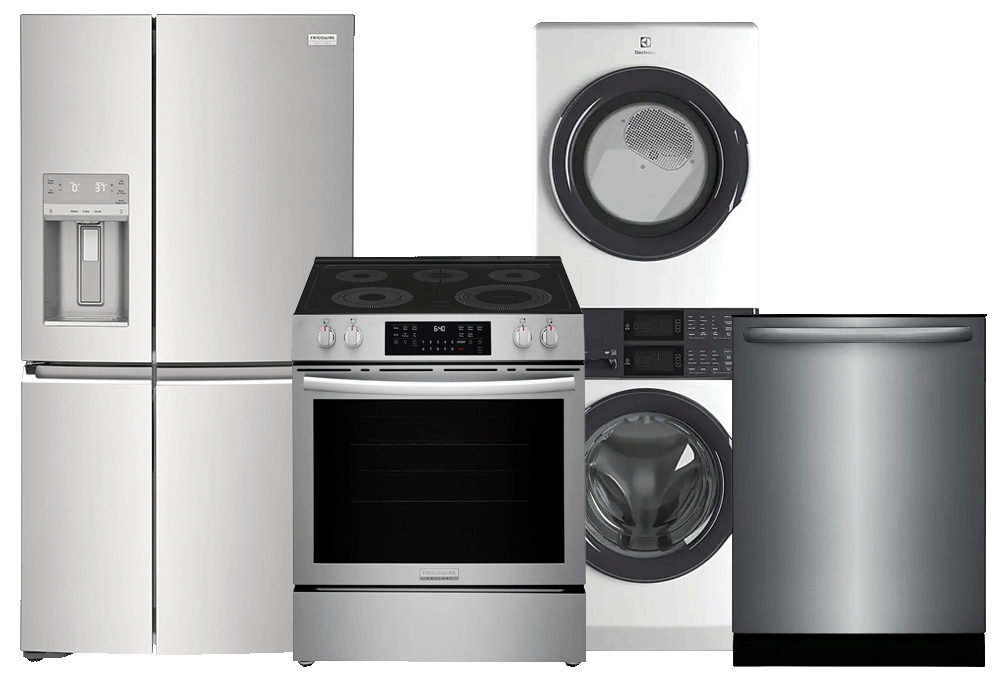 Stacked washer/dryer, range, refrigerator, dishwasher