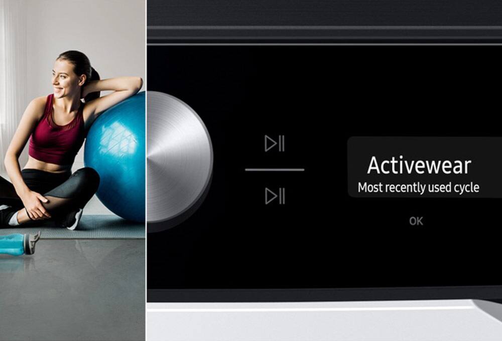 Person using exercise ball and washer controls that says Activewear is most recently used cycle