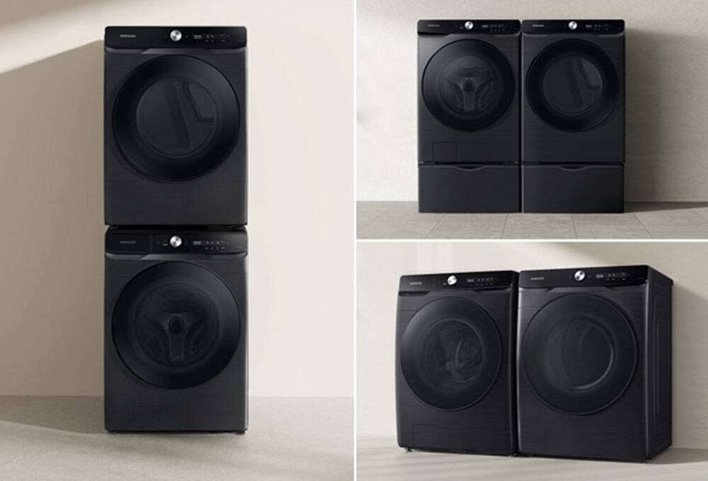 Stacked washer and dryer, side-by-side washers and dryers on pedestals and without pedestals