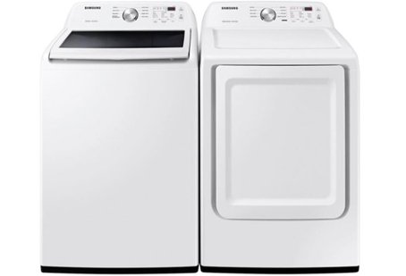 White top-loading washer with black lid and front-loading dryer
