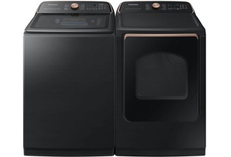 Black top-loading washer and front-loading dryer with champagne detailing and champagne knobs