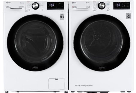 White font-loading washer and dryer with black doors with silver knobs