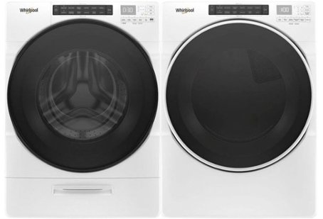 White front-loading washer and dryer with black doors