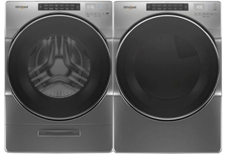Stainless steel front-loading washer and dryer with black doors