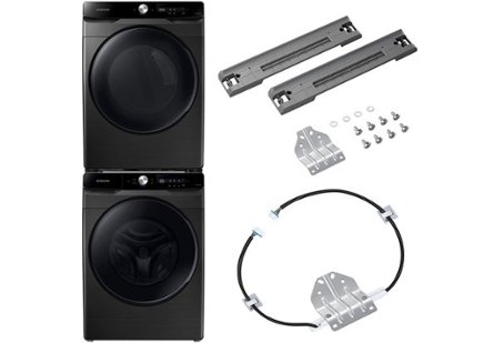 Black front-loading washer and dryer, stacking accessories