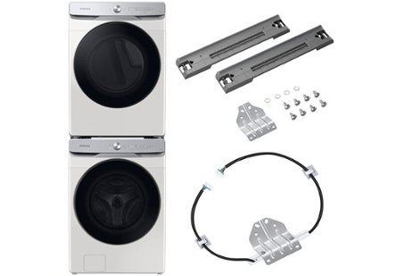 White front-loading washer and dryer stacked with stacking kit and MultiControl kit