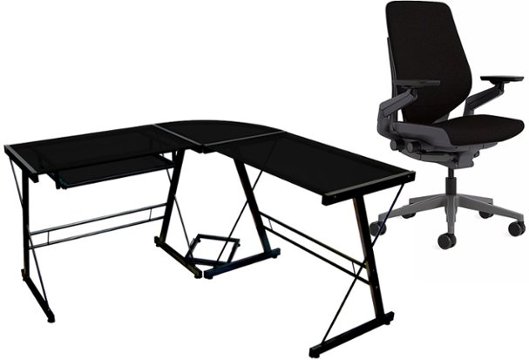 Black L-shaped desk, black desk chair