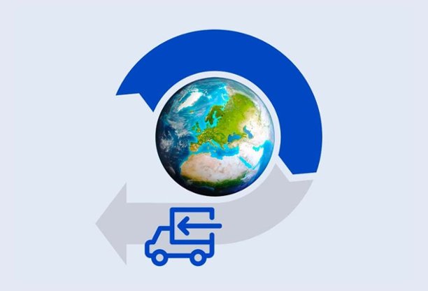 Logo of planet Earth encircled by an arrow containing a truck icon 