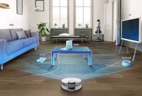 Robot vacuum scanning objects in living room