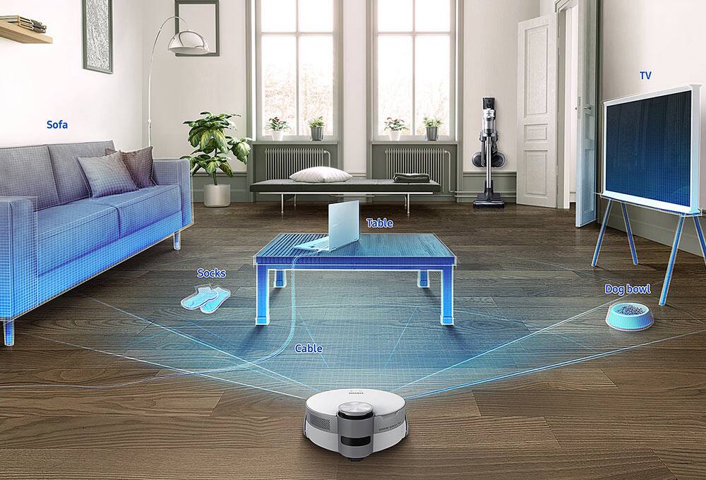 Robot vacuum scanning objects in living room