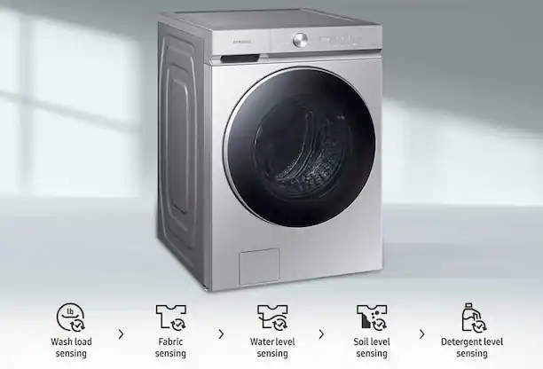 Washer, Step 1 wash load sensing, step 2 water level sensing, step 3 soil level sensing, step 4 detergent level sensing