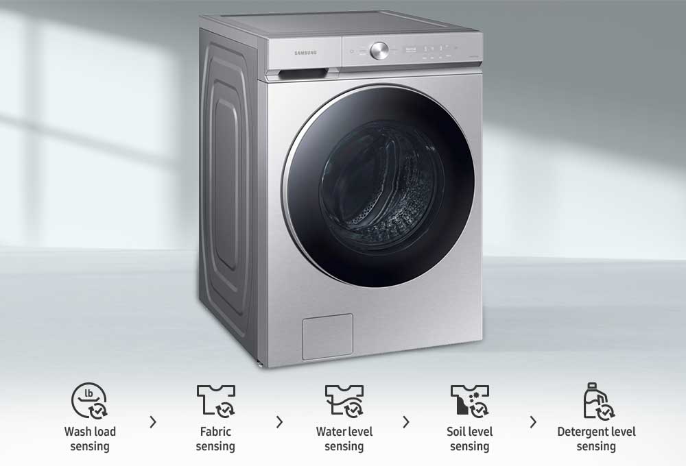 Washer, Step 1 wash load sensing, step 2 water level sensing, step 3 soil level sensing, step 4 detergent level sensing
