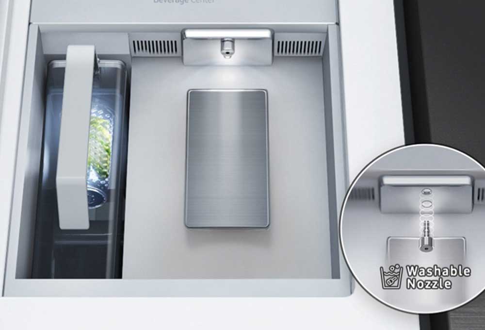 Water dispenser with washable nozzle and integrated water pitcher on outside of refrigerator